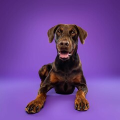 
Beautiful doberman dog isolated on Purple background. looking at camera .front view.dog studio portrait.happy dog .dog isolated .puppy isolated .puppy closeup face,indoors.cute puppy isolated .