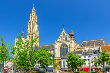 Cathedral of Our Lady Onze-Lieve-Vrouwekathedraal Roman Catholic Gothic style with belfry on Groenplaats Green Square in Antwerp city historical centre, Antwerpen old town, Flemish Region, Belgium