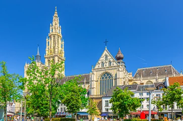 Fototapeten Cathedral of Our Lady Onze-Lieve-Vrouwekathedraal Roman Catholic Gothic style with belfry on Groenplaats Green Square in Antwerp city historical centre, Antwerpen old town, Flemish Region, Belgium © Aliaksandr