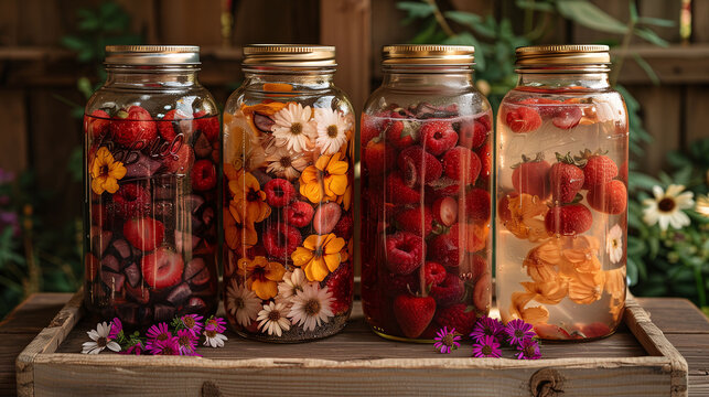 Four jars filled with preserved flowers and fruits on a wooden tray, with a rustic wooden backdrop.