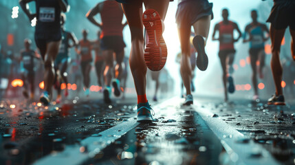 Triumphant Marathon Finish: Celebrating Success at a Running Event. Generative AI.