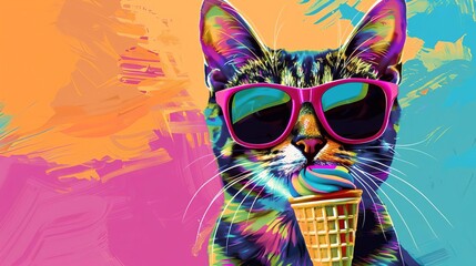 Humorous summer vacation pet portrait of cat wearing sunglasses and eating ice cream cone, colorful pop art style digital painting