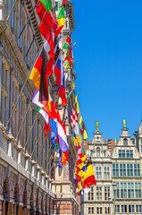 Antwerp City Hall Stadhuis Antwerpen building with european countries flags on facade on Big Market Square in Antwerp city historic centre, Antwerpen old town, vertical view, Flemish Region, Belgium