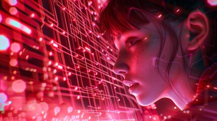 Girl and cybersecurity. A beautiful girl is looking at the computer screen, surrounded by digital data and glowing lines of code. Woman's profile with digital data points overlay.