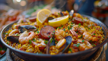 A close-up of a traditional paella dish