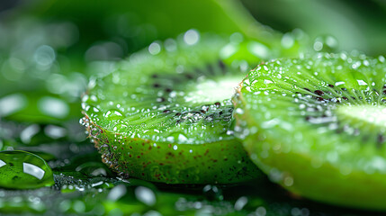 Close-up of fresh kiwi slices with water droplets on a green background.