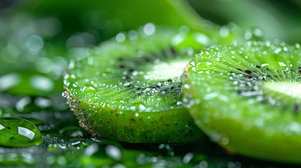 Fotobehang Close-up of fresh kiwi slices with water droplets on a green background. © amixstudio