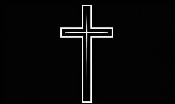 A simple white line art Christian cross on black background, minimalistic, negative space design Generative AI