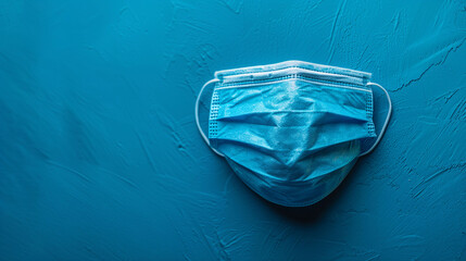 Disposable blue face mask on a textured blue background.