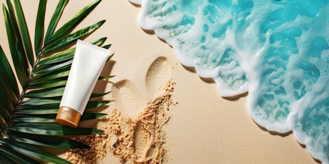 Sunscreen tube on sandy beach with tropical sea.. Sunscreen protection cream over beach with palm tree leaf on the left, advertising cosmetics