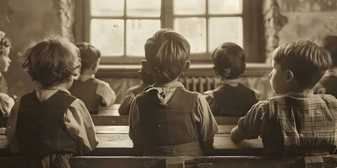 Antique photo of school children in a classroom from the 1920s with a vintage aesthetic and film grain. Concept Vintage Photography, 1920s Era, Antique Classroom, School Children, Film Grain