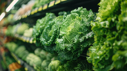 Fresh kale on supermarket shelf.