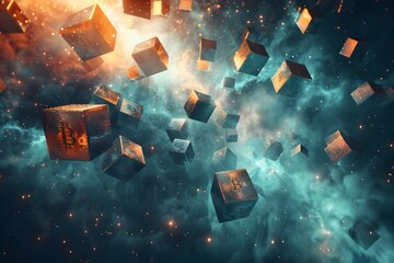 Cascading Digital Cubes Embodying the Essence of Cryptocurrency Blockchain Technology - obrazy, fototapety, plakaty
