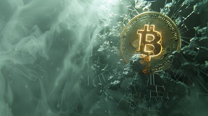 Fractured Bitcoin Emblem Reflects the Volatile Crypto Market Reality - obrazy, fototapety, plakaty