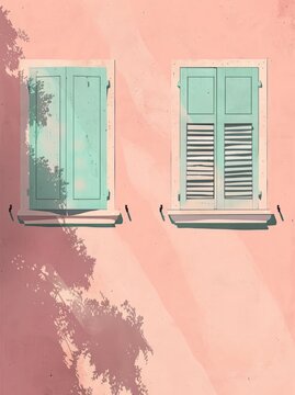 Two wooden windows with white shutters on a pink wall under a clear blue sky