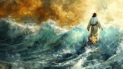 Jesus walking on water, biblical miracle scene, religious digital oil painting illustration