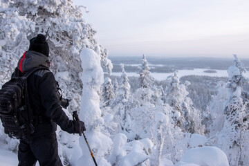 Hiking in winter forest