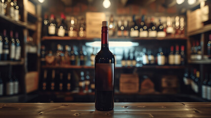 A wine bottle on a bar's wooden table - obrazy, fototapety, plakaty