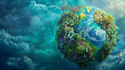 Obraz na płótnie Canvas Lush green planet Earth, vibrant flora and pristine oceans, digital fantasy illustration