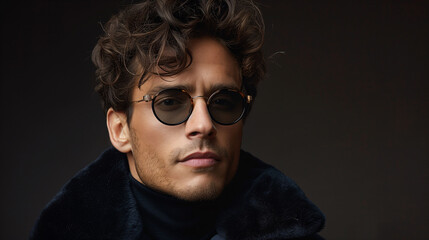 Fototapeta premium Portrait of a stylish young man with curly hair wearing sunglasses and a turtleneck sweater on a dark background.