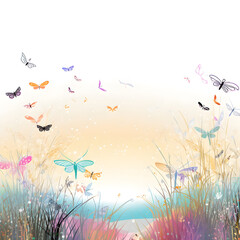 a field of butterflies and butterflies with a sky background