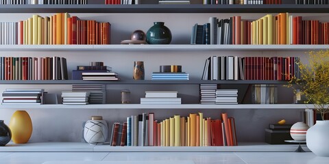 3D rendering of a modern library bookshelf with various books celebrating World Book Day and International Education Day. Concept 3D Rendering, Modern Library Bookshelf, World Book Day Celebration - obrazy, fototapety, plakaty