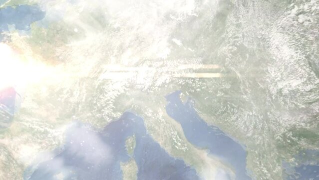 Zoom in from space and focus on Bassano del Grappa, Italy. 3D Animation. Background for travel intro. Elements of this image furnished by NASA