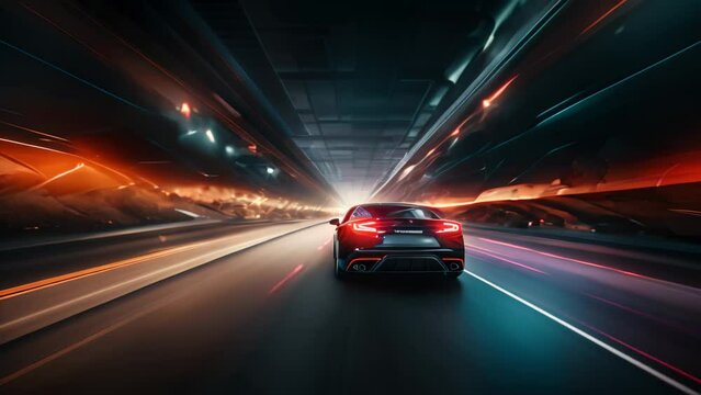 Car on the road with motion blur background. Concept of speed, Underground tunnel with moving cars at night. View from below, AI Generated