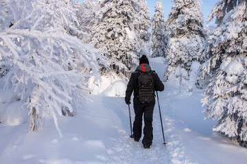 Hiking on snowy mountain in Lapland Finland