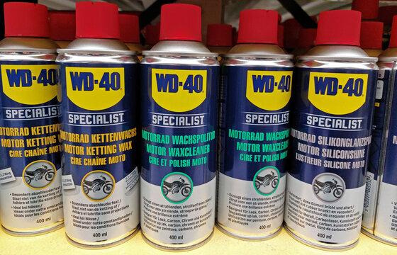 WD-40 specialist spray bottles for motorcycles in a hardware store