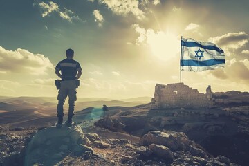 Tranquil desert landscape with ancient ruins and Israeli flag, soldier silhouette overlay, concept art - obrazy, fototapety, plakaty