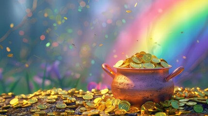 Magical pot of gold overflowing with coins at the end of a vibrant rainbow, digital illustration - obrazy, fototapety, plakaty