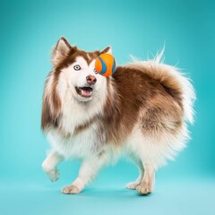 
Beautiful husky dog isolated on turquoise background. looking at camera .front view.dog studio portrait.
happy dog .dog isolated .puppy isolated .puppy closeup face,indoors.cute puppy isolated .
