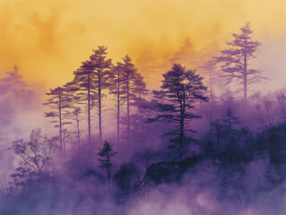Misty Forest at Dawn with Pine Trees and Warm Purple Haze