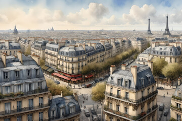 Fototapeta na wymiar Paris painting. Drawing of the Eiffel Tower in France.