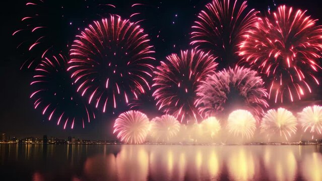 Colorful fireworks of various colors over night sky with reflection on water, Beautiful firework display for celebration with blur bokeh light, AI Generated