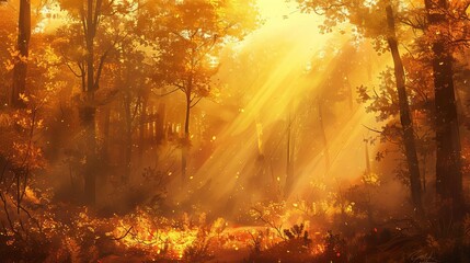 Majestic golden sun rays filtering through an enchanted autumn forest, ethereal morning light illuminating the tranquil wood, nature digital painting