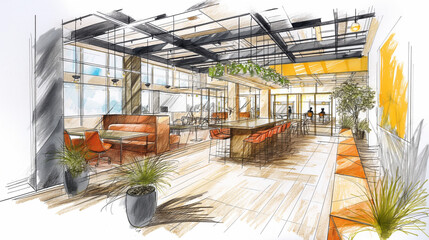 Contemporary Office Interior Design Sketch with Open Workspace