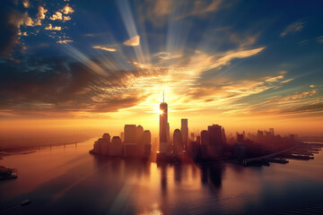 Manhattan skyline in during vening sunset at New York City AI Generative - obrazy, fototapety, plakaty