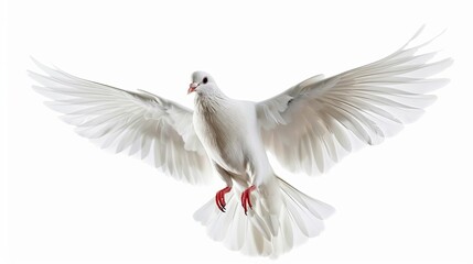 Majestic white dove flying freely, isolated on pure white