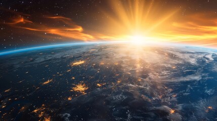 Naklejka premium Majestic sunrise over Earth, dawn breaking in outer space, planet glowing in sunlight