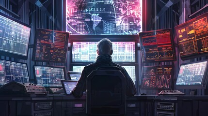 Obraz premium Male technical controller working at his workplace with multiple displays showing various technical information, depicting a high-tech system control center, digital illustration