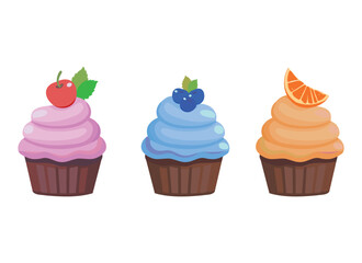 three cupcakes with different colors and fruit on top