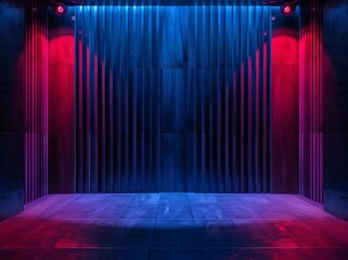 An empty stage illuminated by red and blue lights, creating a vibrant and dynamic atmosphere