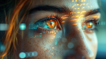 Close-up of a woman's eye with futuristic digital overlay, concept of technology and vision.