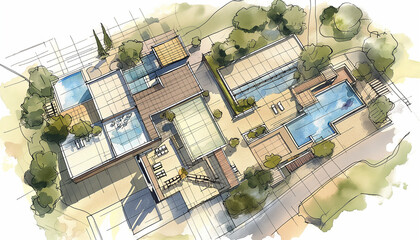 Artistic Watercolor Sketch of Modern House Design Concept