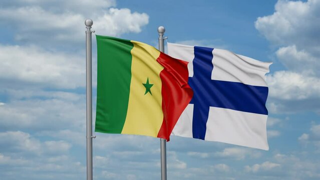 Finland and Senegal two flags waving together, looped video, two country relations concept