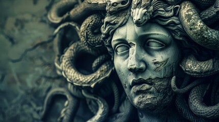 Fototapeta na wymiar Medusa's Enchanting Gaze, Stone Statue with Serpent Crown, Greek Mythology Illustration
