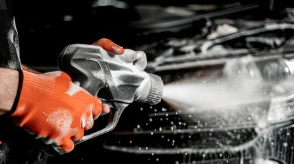 Cropped close up image of male hands, worker of auto service station, cleaning car floor and interior with disinfecting foam and electric brush cleaner. Car detailing concept - obrazy, fototapety, plakaty