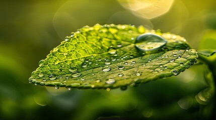 Mesmerizing macro detail of a single raindrop glistening on a vibrant green leaf, nature's exquisite beauty captured in sharp focus